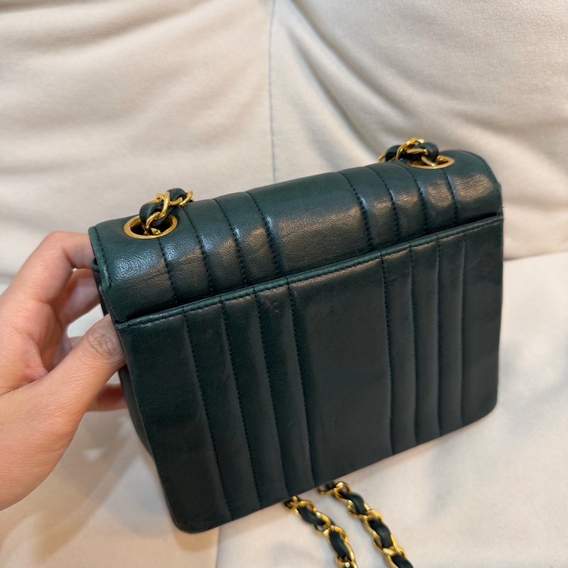 Chanel vintage 豎紋 深綠色 方胖子 24K金 古董 中古 稀有 條紋-3