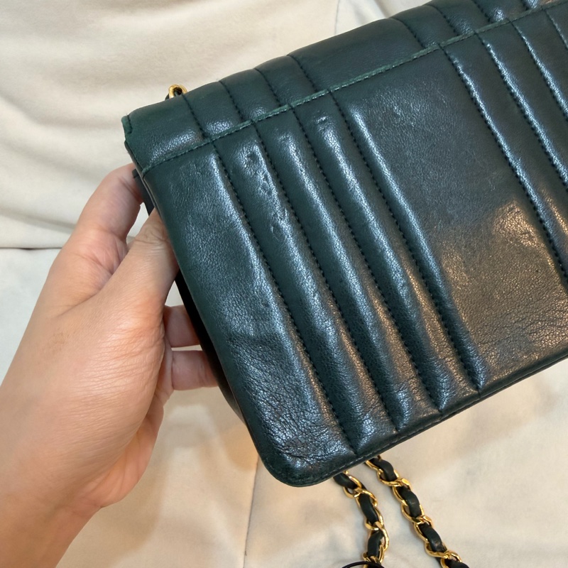 Chanel vintage 豎紋 深綠色 方胖子 24K金 古董 中古 稀有 條紋-4