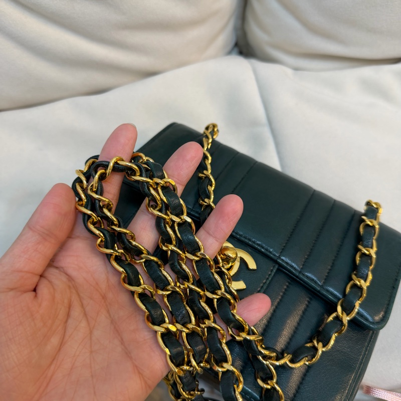 Chanel vintage 豎紋 深綠色 方胖子 24K金 古董 中古 稀有 條紋-6
