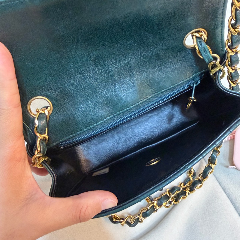 Chanel vintage 豎紋 深綠色 方胖子 24K金 古董 中古 稀有 條紋-7