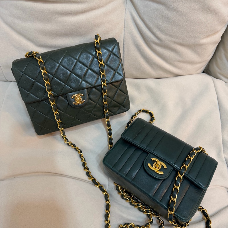 Chanel vintage 豎紋 深綠色 方胖子 24K金 古董 中古 稀有 條紋-8