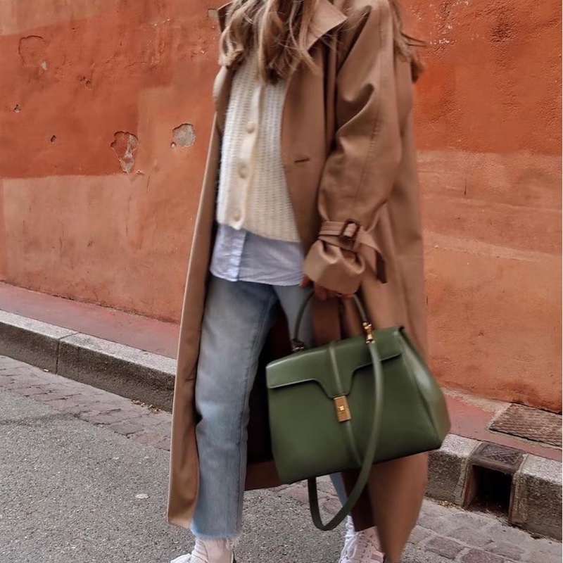 CELINE 酪梨綠金扣  soft16翻蓋手提斜背包22*18*9 98新配件塵袋鎖鑰匙-0