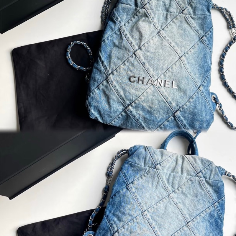近全新CHANEL(香奈兒) 22Bag 帶手柄雙肩包 小號 29cm 牛仔藍 牛仔 晶片開 銀扣-3