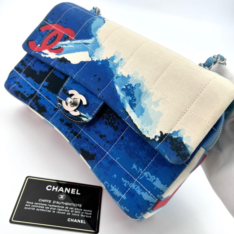Chanel Vintage 2002 Canvas Surf Line Blue Medium Flap Bag-4