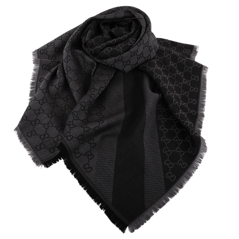 GUCCI 經典 GG 緹花 羊毛 蠶絲 混絲 直紋 雙色 流蘇 披肩 披巾 圍巾-10