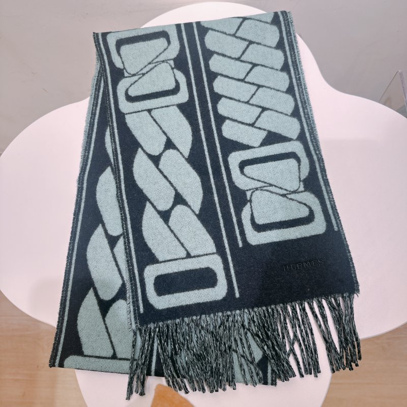 TW4666 Hermes  愛馬仕 羊絨 雙面 圍巾 Clic C'est Noue Scraf 25 x 170 cm Bleu Marine / Céladon-1