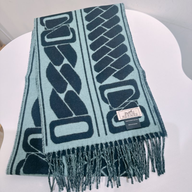 TW4666 Hermes  愛馬仕 羊絨 雙面 圍巾 Clic C'est Noue Scraf 25 x 170 cm Bleu Marine / Céladon-3