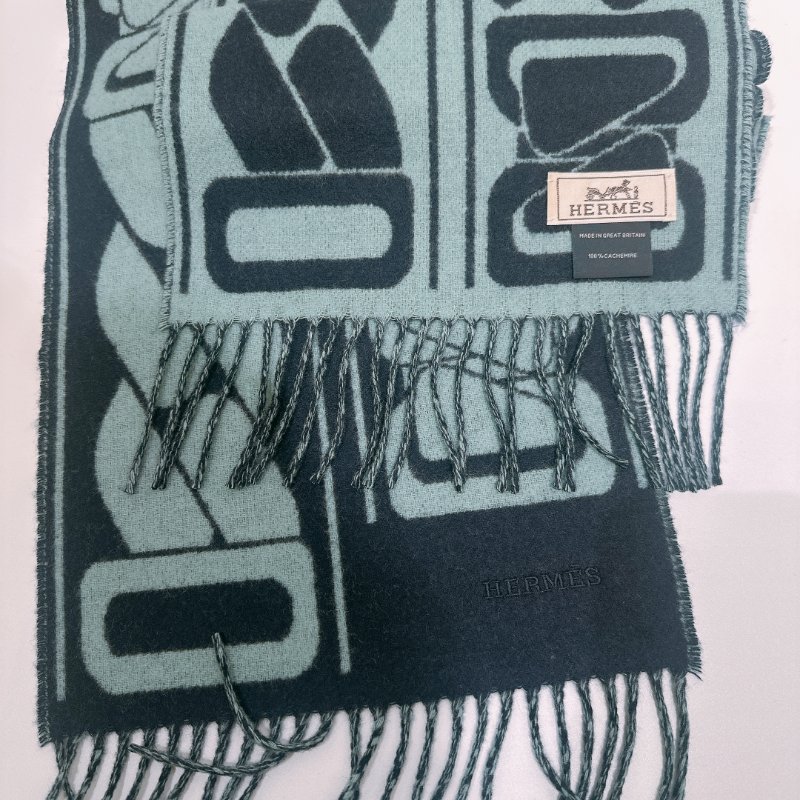 TW4666 Hermes  愛馬仕 羊絨 雙面 圍巾 Clic C'est Noue Scraf 25 x 170 cm Bleu Marine / Céladon-4