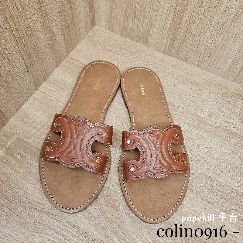 [超級甜出😳看到別猶豫把握] Celine焦糖色牛皮凱旋門平底拖鞋-0