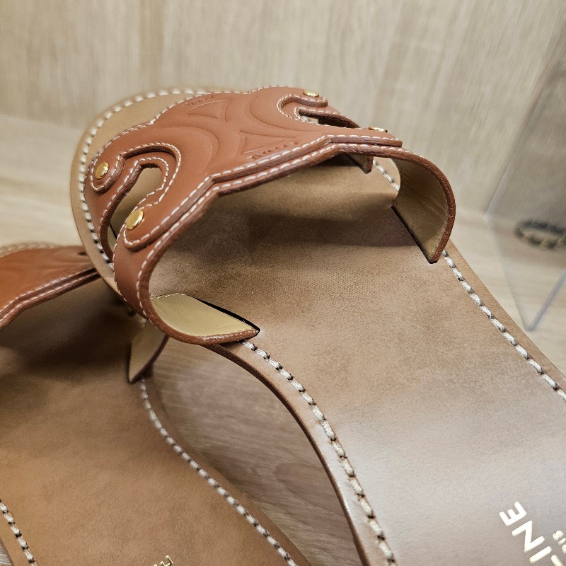 [超級甜出😳看到別猶豫把握] Celine焦糖色牛皮凱旋門平底拖鞋-19