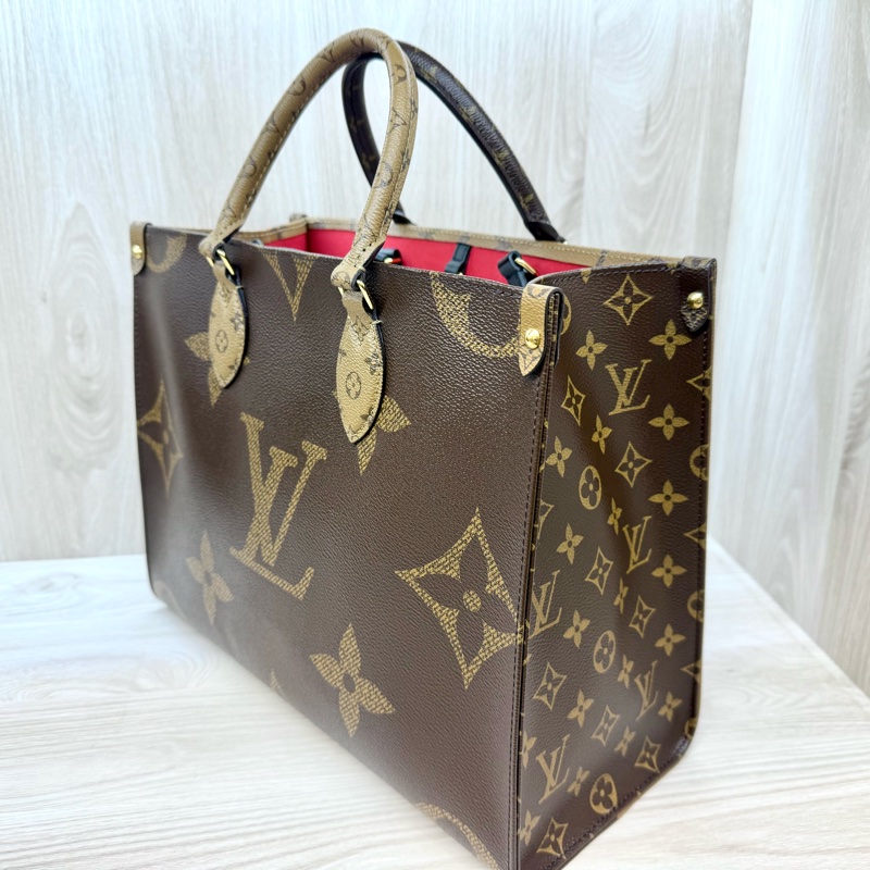 LV老花雙拼色onthego MM手提肩背托特包M45321-4