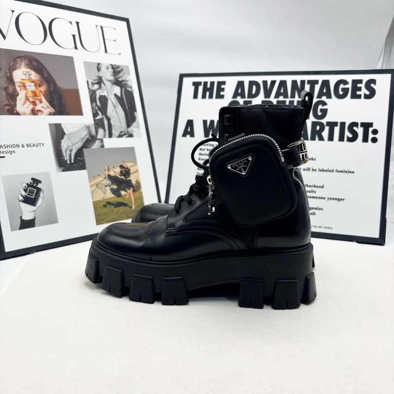 99新 PRADA普拉達 Monolith黑色小牛皮 機車靴短筒 馬丁靴 5.5cm 女款  37碼-1