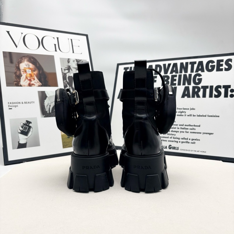 99新 PRADA普拉達 Monolith黑色小牛皮 機車靴短筒 馬丁靴 5.5cm 女款  37碼-2