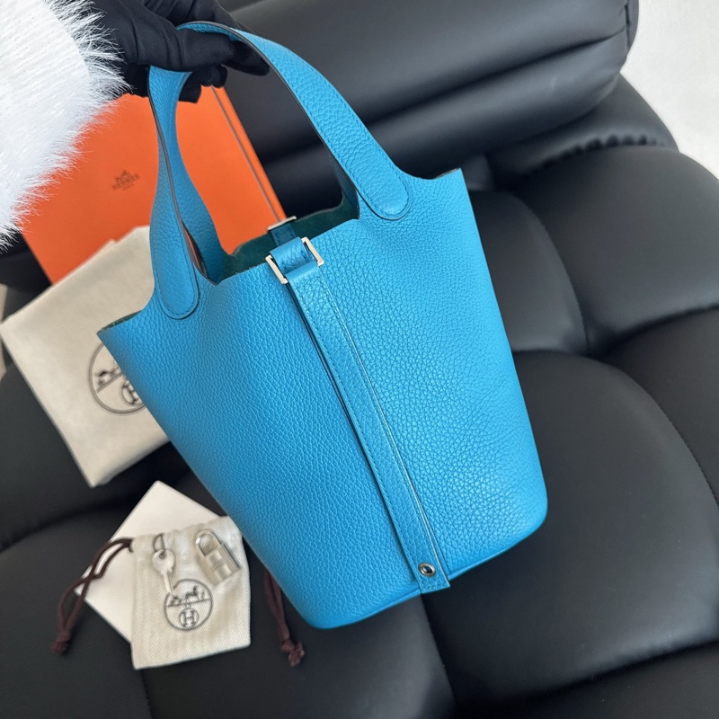 Hermès天藍色銀扣菜籃子18-0