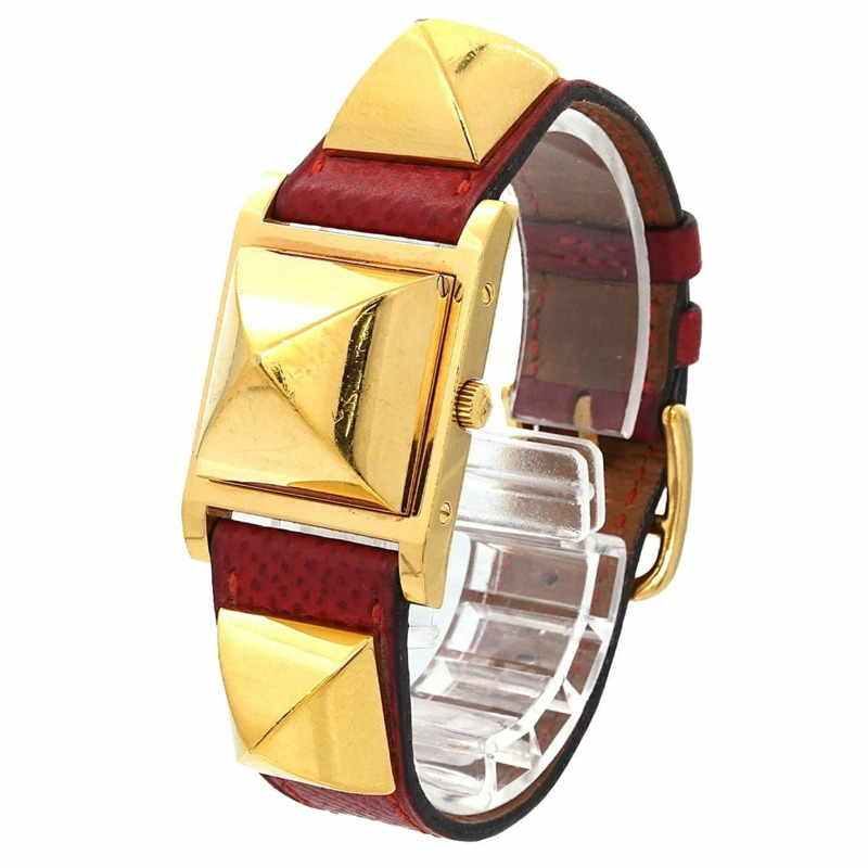 愛馬仕 Medor 女士金字塔金鉚釘腕錶，白色和紅色皮革錶帶，石英機芯-2