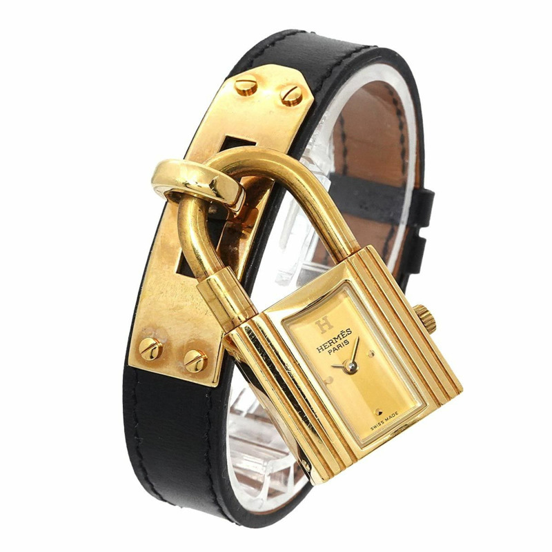 愛馬仕 Kelly 女士腕錶，金色和黑色石英錶盤，帶 Cadena 錶帶-2