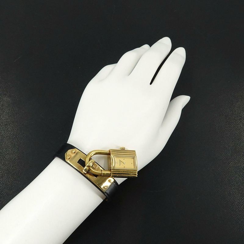 愛馬仕 Kelly 女士腕錶，金色和黑色石英錶盤，帶 Cadena 錶帶-3