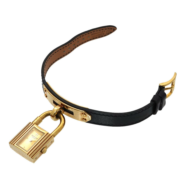 愛馬仕 Kelly 女士腕錶，金色和黑色石英錶盤，帶 Cadena 錶帶-4