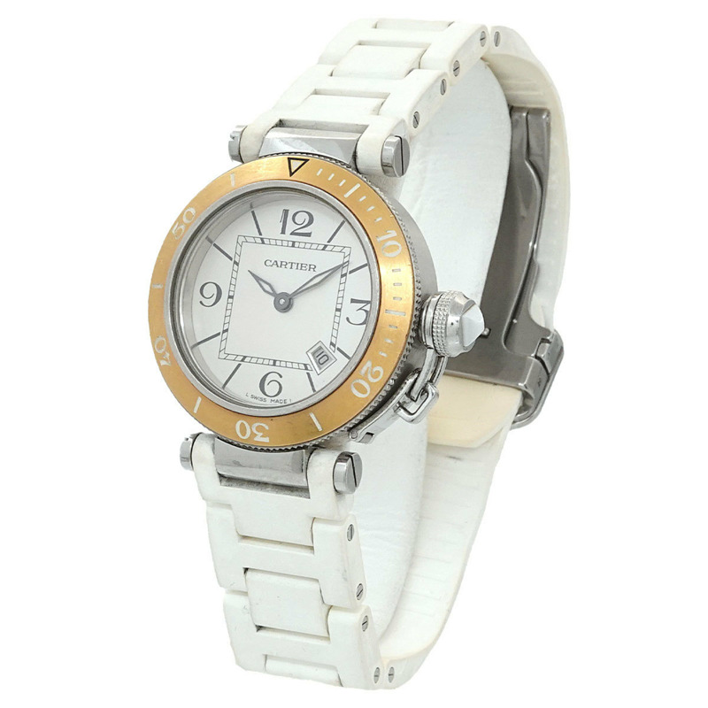 卡地亞 Pasha Seatimer 雙色腕錶 W3140001 女士日期顯示銀色 PG 石英錶-2