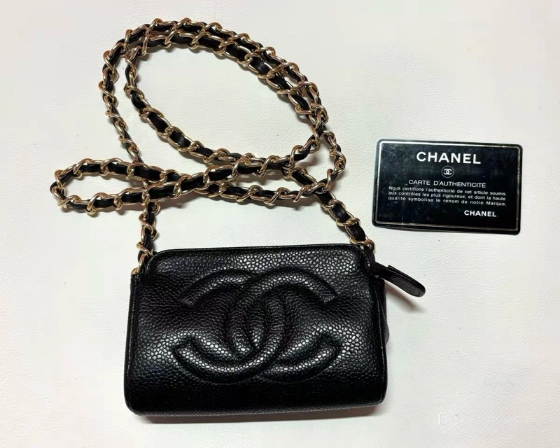 Party 首選 CHANEL 香奈兒黑色魚子醬荔枝皮 大雙C 壓紋拉鍊鏈條包｜斜背/腰包/手拿｜中古雷標 帶保卡-0