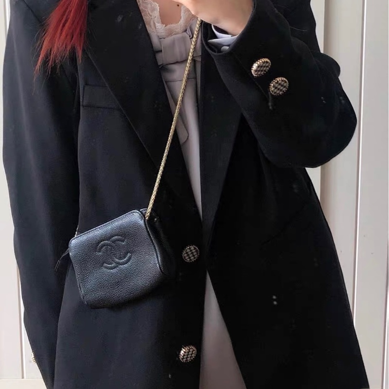 Party 首選 CHANEL 香奈兒黑色魚子醬荔枝皮 大雙C 壓紋拉鍊鏈條包｜斜背/腰包/手拿｜中古雷標 帶保卡-5