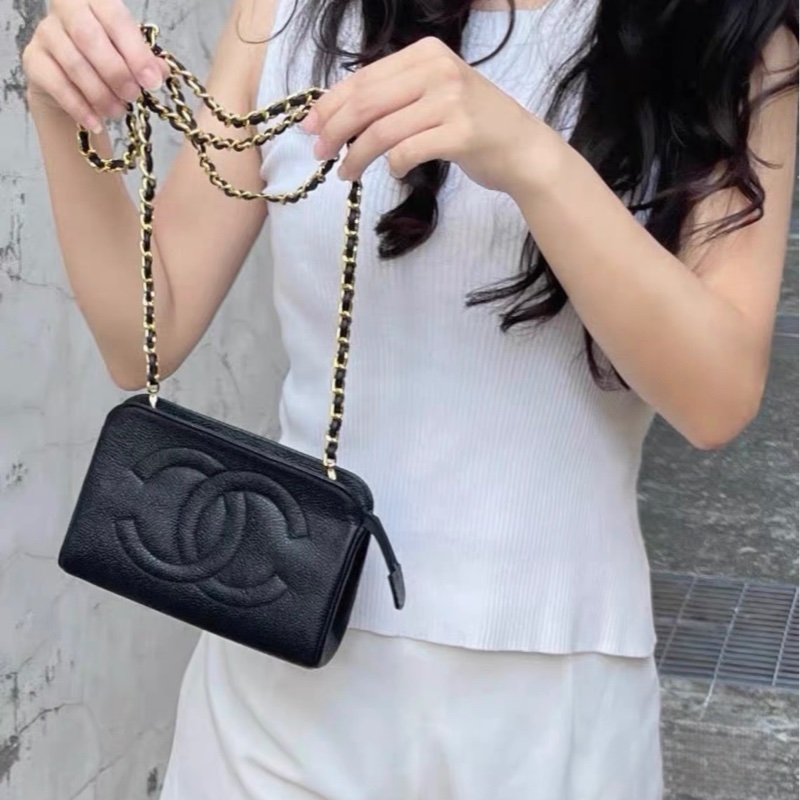 Party 首選 CHANEL 香奈兒黑色魚子醬荔枝皮 大雙C 壓紋拉鍊鏈條包｜斜背/腰包/手拿｜中古雷標 帶保卡-6