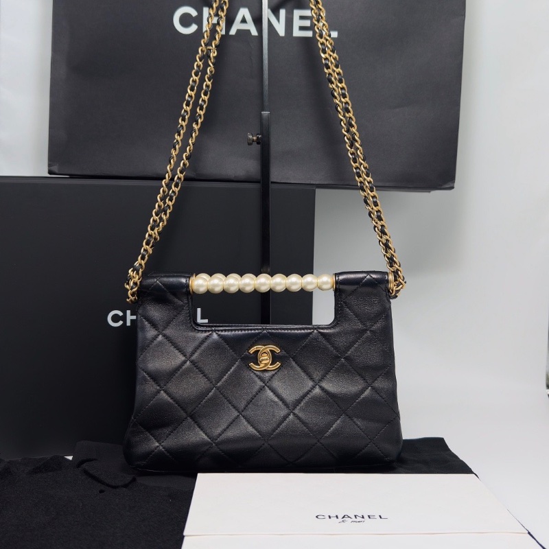 CHANEL黑金珍珠 菱格紋手提肩背斜背包24*17*8 98新配件盒子塵袋-1