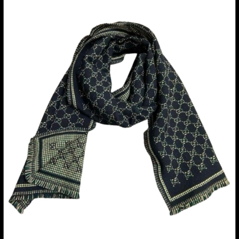 Gucci GG 圖案羊毛圍巾 黑色/深綠色 男女同款-0