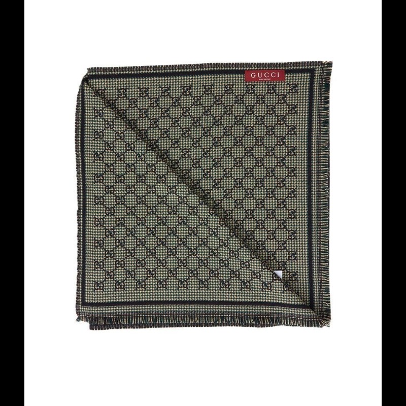 Gucci GG 圖案羊毛圍巾 黑色/深綠色 男女同款-2