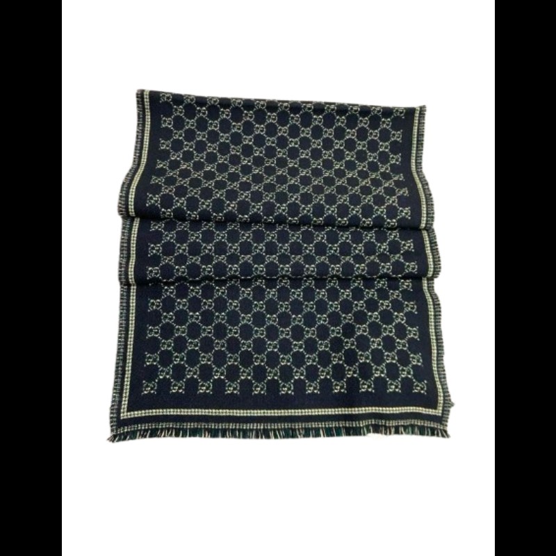 Gucci GG 圖案羊毛圍巾 黑色/深綠色 男女同款-4