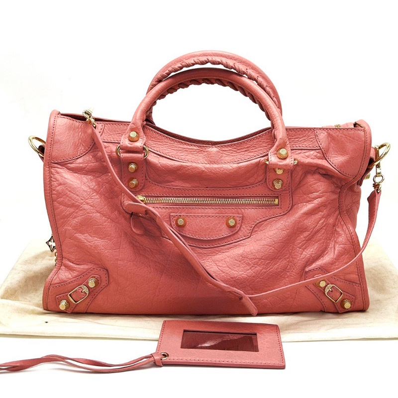 BALENCIAGA 粉金中號手提肩背機車包 38*24*13.5 98新配件塵袋鏡子-1