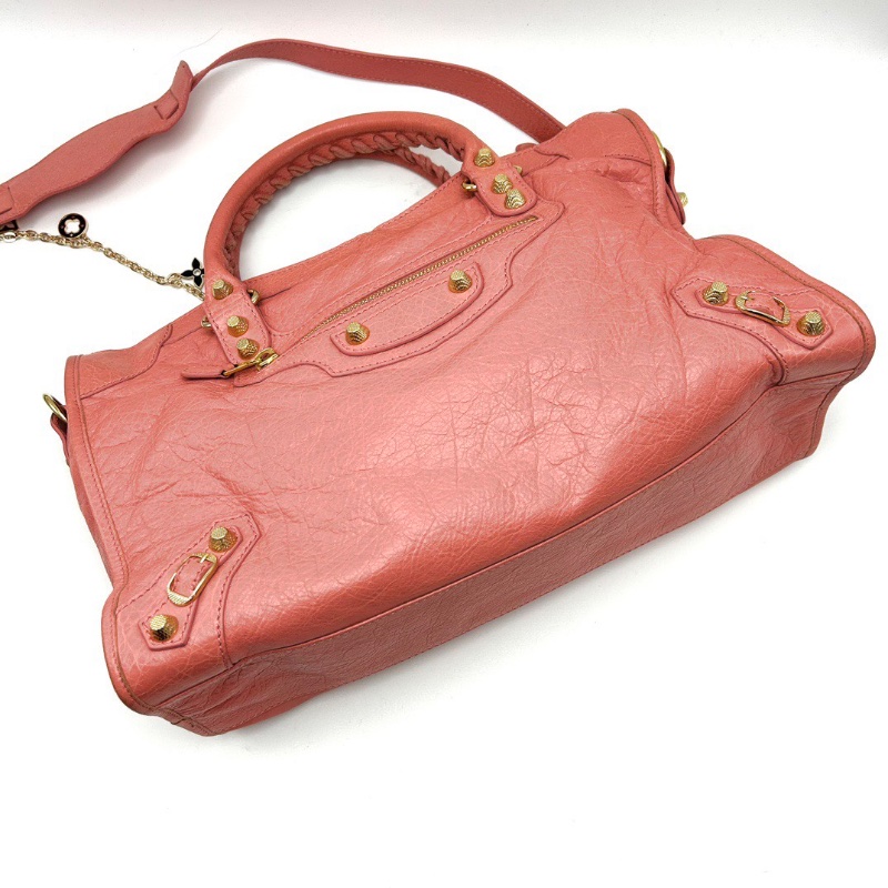 BALENCIAGA 粉金中號手提肩背機車包 38*24*13.5 98新配件塵袋鏡子-3