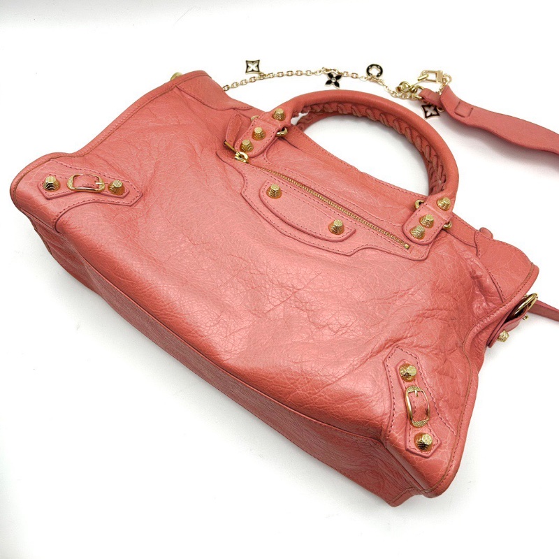 BALENCIAGA 粉金中號手提肩背機車包 38*24*13.5 98新配件塵袋鏡子-5