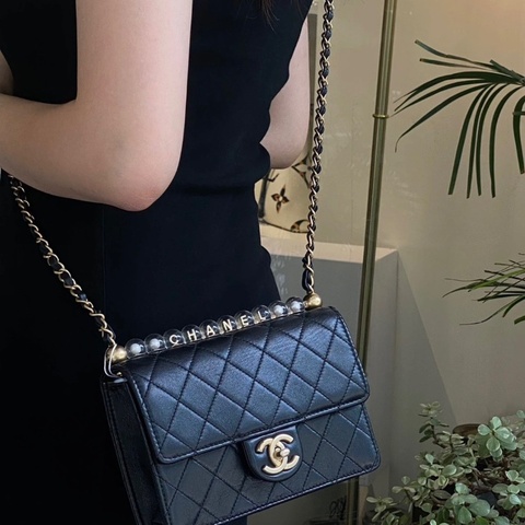 Chanel 黑金橫版 透明珍珠 CF鏈條包 19.5*12*5  98新配件塵袋保卡