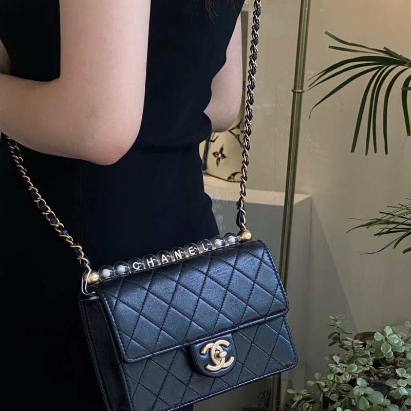 Chanel 黑金橫版 透明珍珠 CF鏈條包 19.5*12*5  98新配件塵袋保卡-0