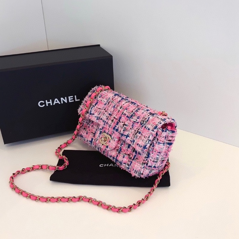 Chanel 23p芯片款 cf 大mini 毛呢粉色編織鏈條包20*12*7  全新閒置配件塵袋盒子購證-3