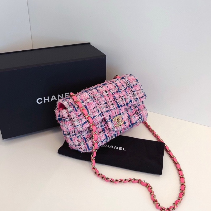 Chanel 23p芯片款 cf 大mini 毛呢粉色編織鏈條包20*12*7  全新閒置配件塵袋盒子購證-4