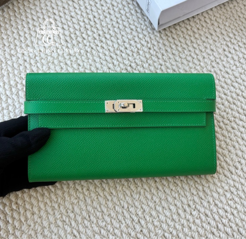 🌈Hermes💚Kelly Wallet💚竹子綠色銀扣扣🌟99.8新閑置🌈Epsom皮🌟愛馬仕🌟-0