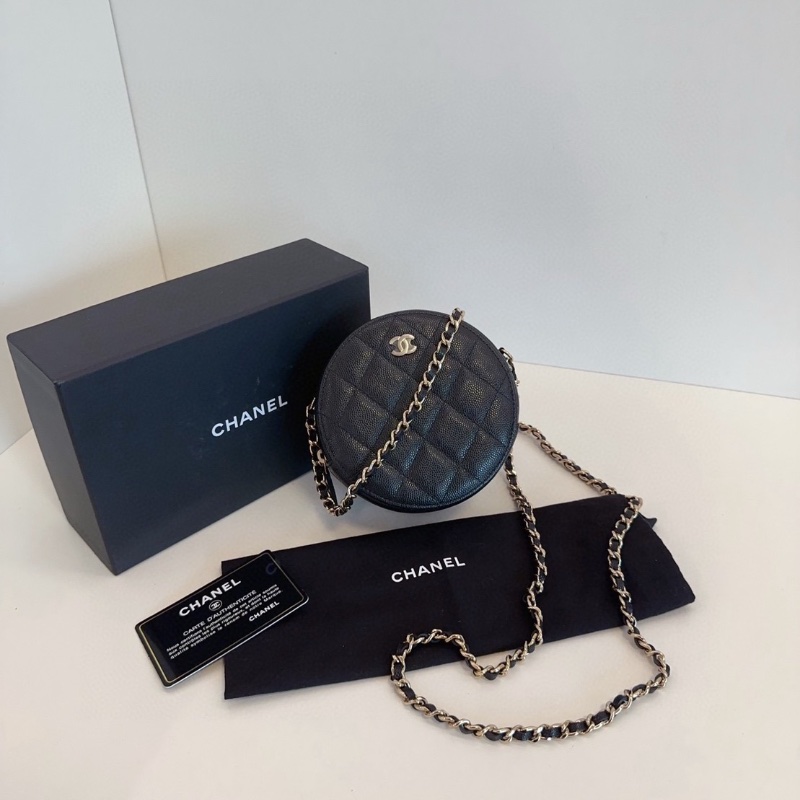 Chanel 黑金荔枝牛皮小圓餅 鏈條包 12*6  全新閒置配件塵袋盒子保卡-1