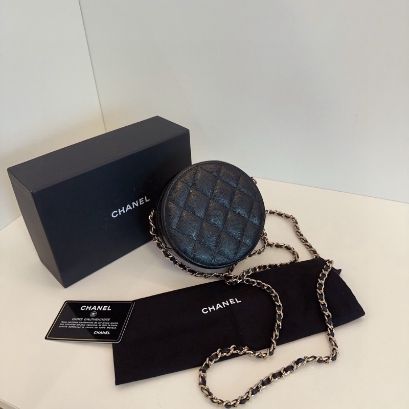 Chanel 黑金荔枝牛皮小圓餅 鏈條包 12*6  全新閒置配件塵袋盒子保卡-5