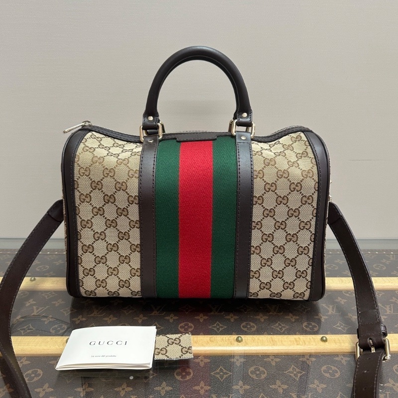 GUCCI 經典老花帆布 拼皮手提斜背波士頓包33*22*18 98新配件塵袋-1