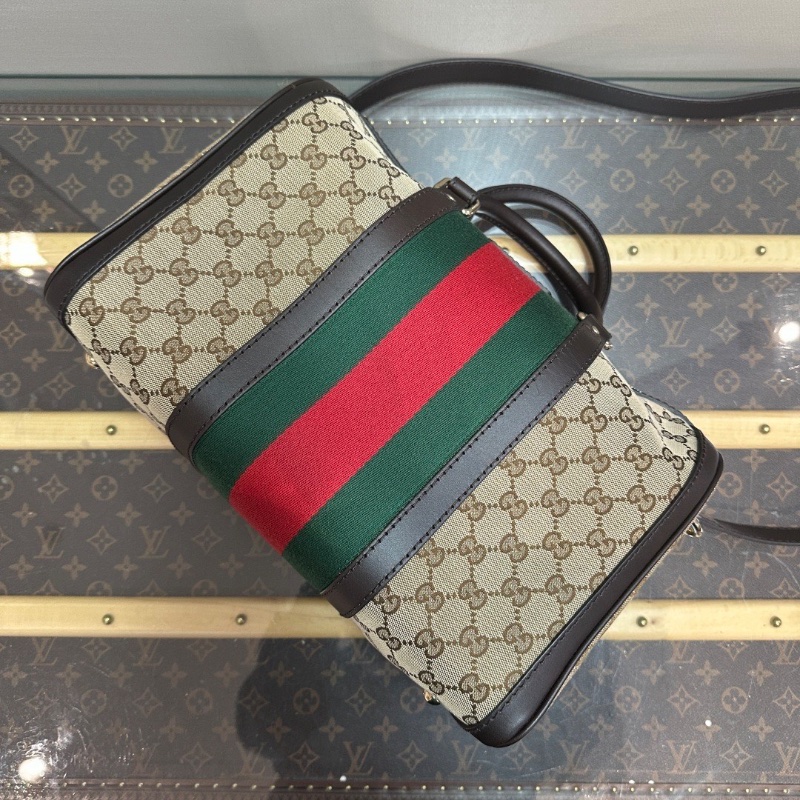 GUCCI 經典老花帆布 拼皮手提斜背波士頓包33*22*18 98新配件塵袋-3
