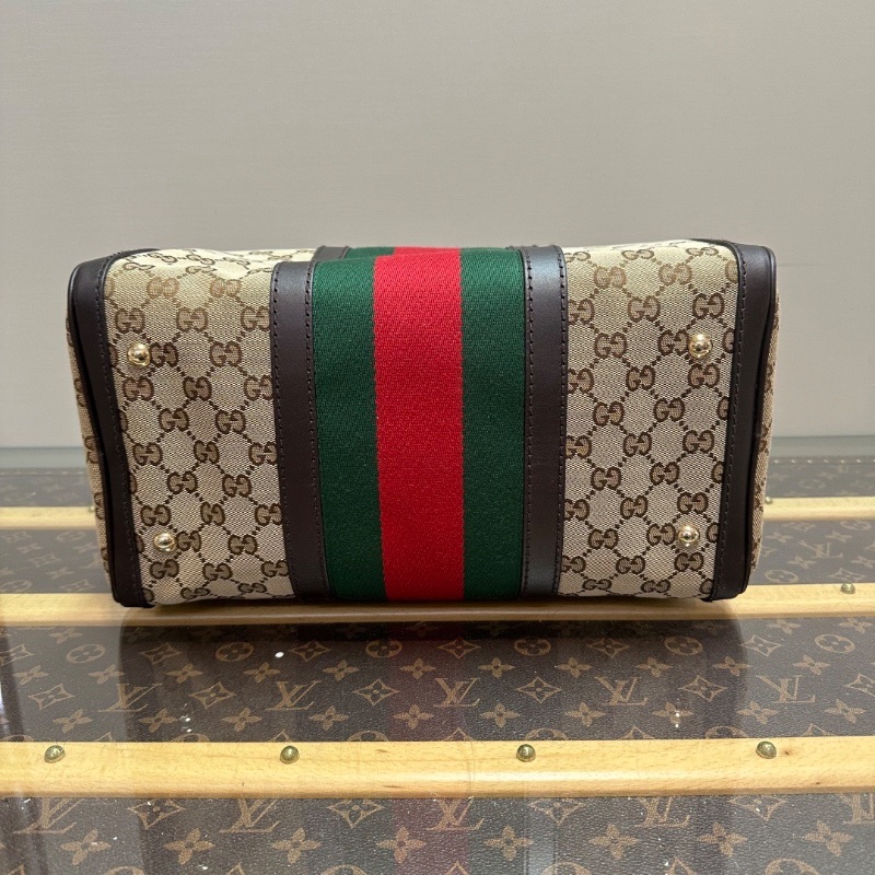 GUCCI 經典老花帆布 拼皮手提斜背波士頓包33*22*18 98新配件塵袋-4
