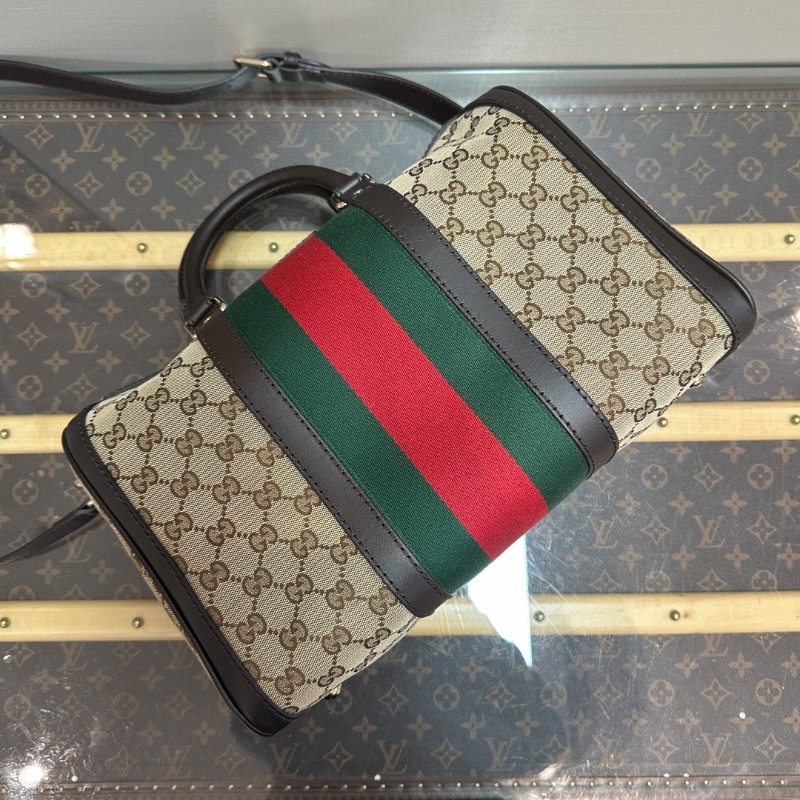 GUCCI 經典老花帆布 拼皮手提斜背波士頓包33*22*18 98新配件塵袋-5