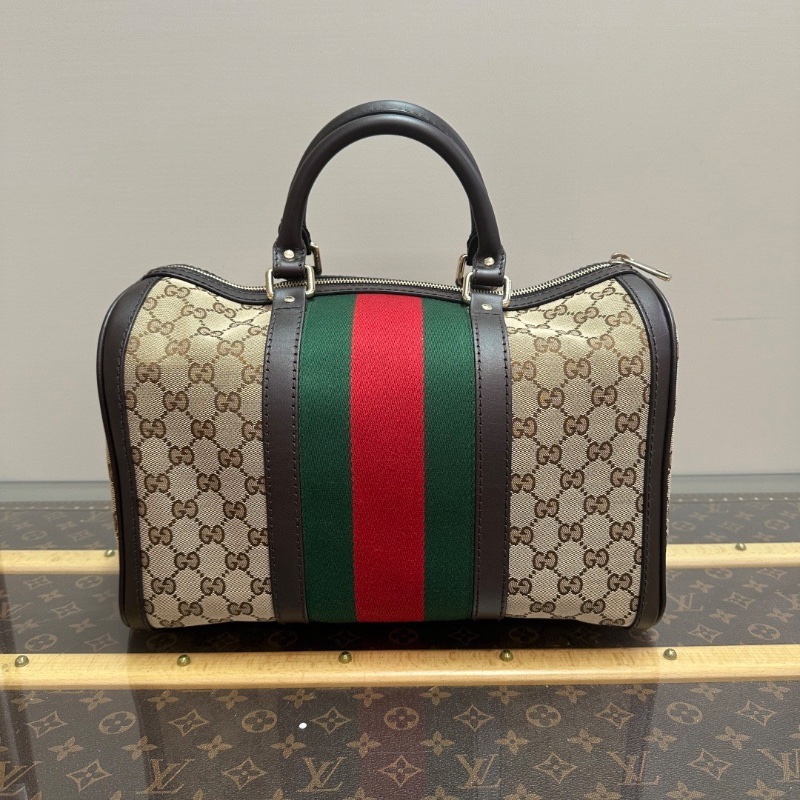 GUCCI 經典老花帆布 拼皮手提斜背波士頓包33*22*18 98新配件塵袋-6