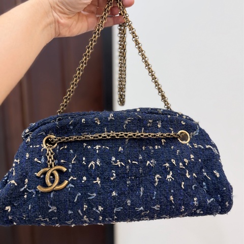 CHANEL 香奈兒 藍色 毛呢 編織 鍊條包 肩背包 側背包