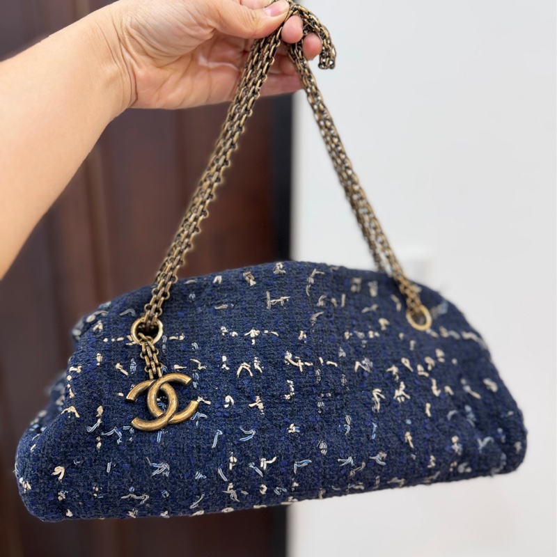 CHANEL 香奈兒 藍色 毛呢 編織 鍊條包 肩背包 側背包-1