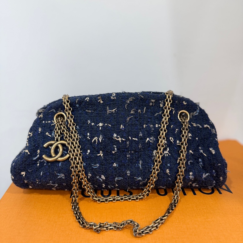 CHANEL 香奈兒 藍色 毛呢 編織 鍊條包 肩背包 側背包-5