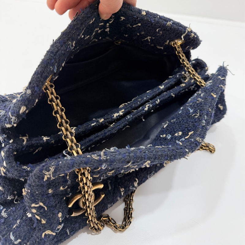 CHANEL 香奈兒 藍色 毛呢 編織 鍊條包 肩背包 側背包-13