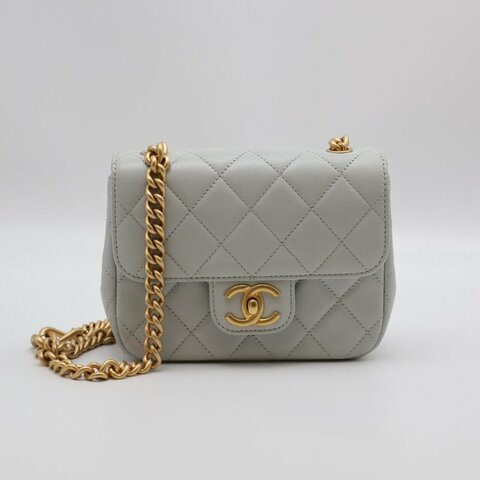 CHANEL 23S雙鍊單肩方胖 - 淺灰藍金